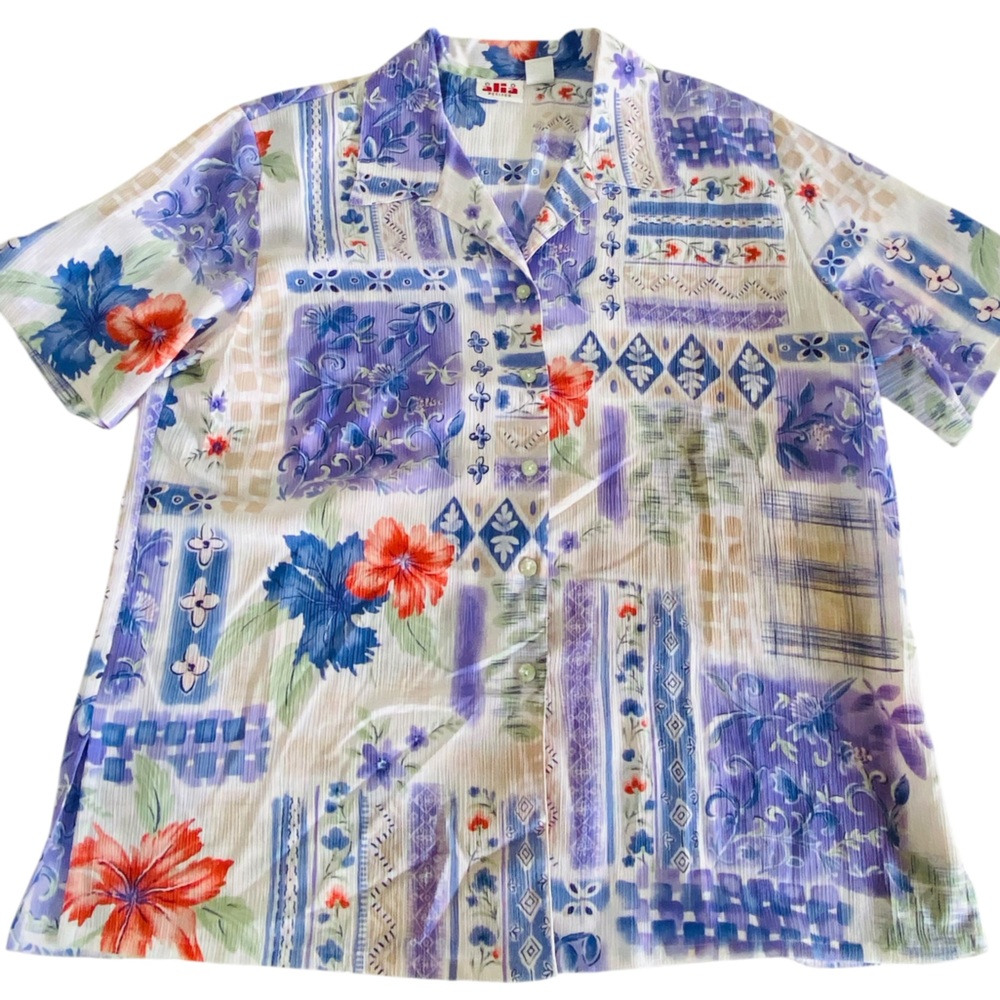 Alia Petites Women’s XL Button Down Shirt Abstract Floral Patchwork Print